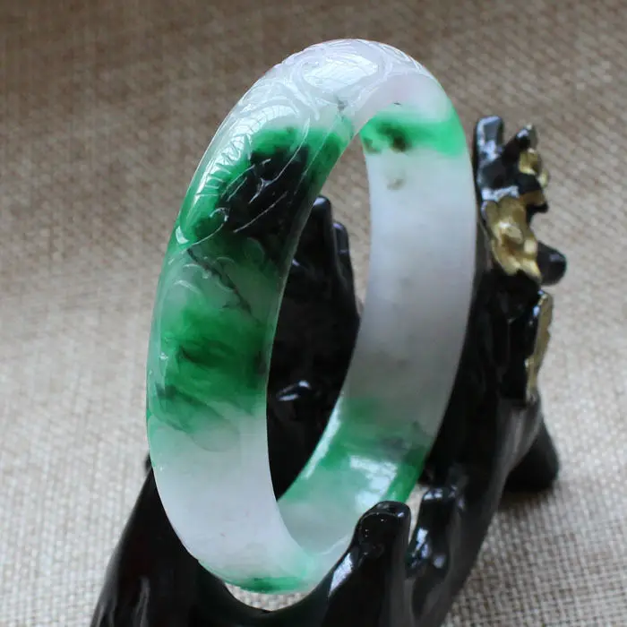 

3568 Chinese Hand-carved Emerald Green Jadeite Jade Gems Bracelet Bangle 59mm