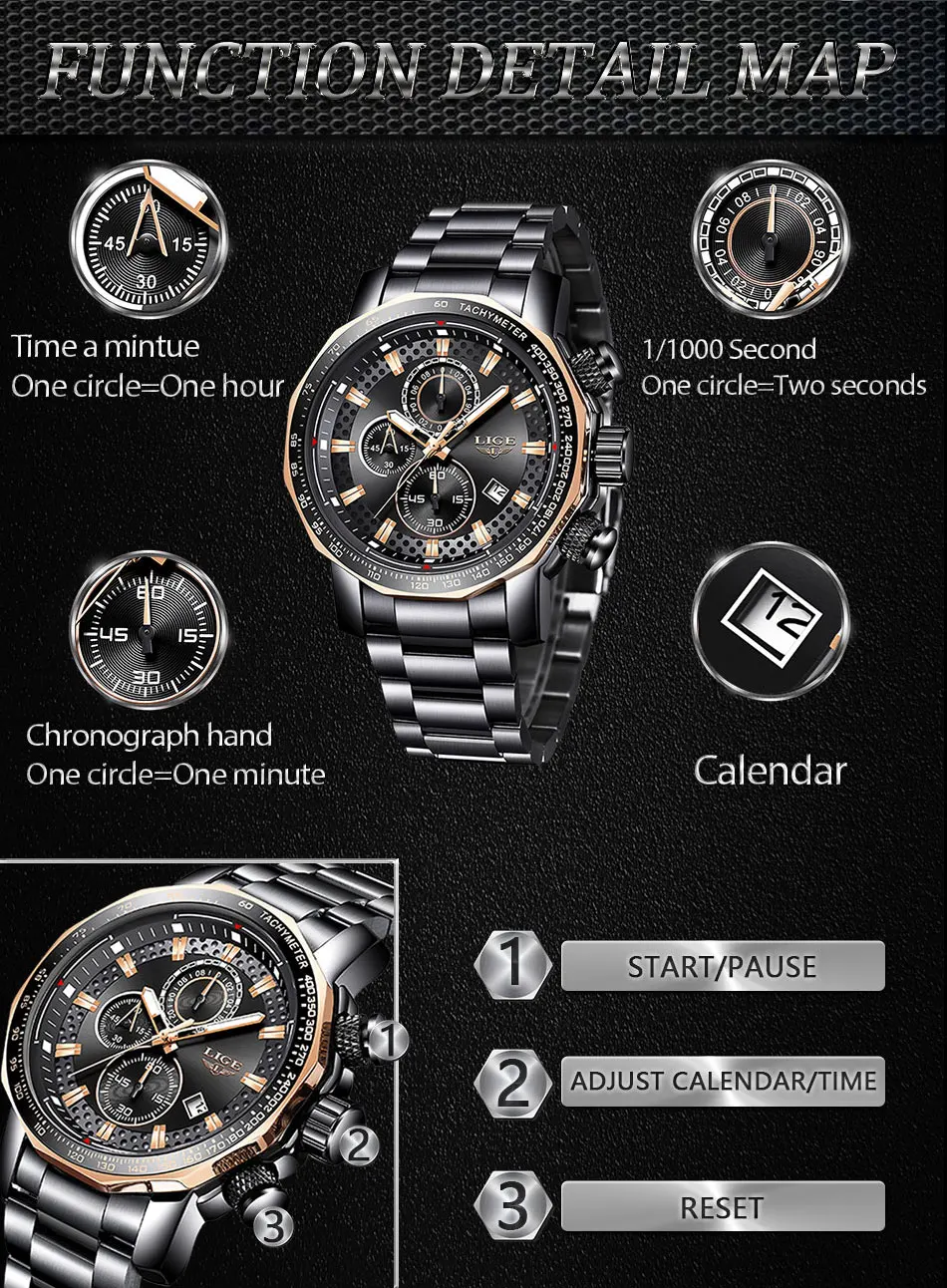 Montre Homme Luxe LIGE мужские часы Нержавеющая сталь Водонепроницаемый Wrish часы Multi Функция золотые часы мужские роскошные спортивные часы + коробка
