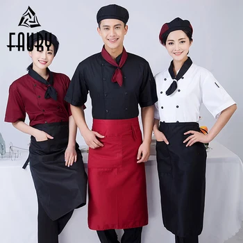 

Unisex Solid Double Breasted Short Sleeve Restaurant Catering Kitchen Uniform with Free Scarf Cafe Hotel Chef Jacket Apron