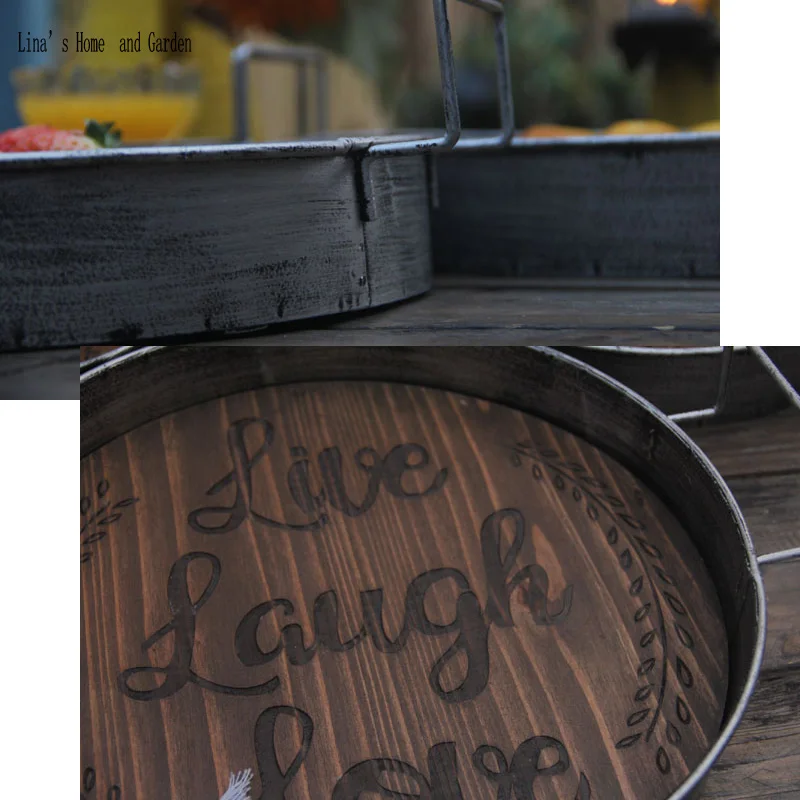 handmade zinc wood round antique serving tray with handle (3)