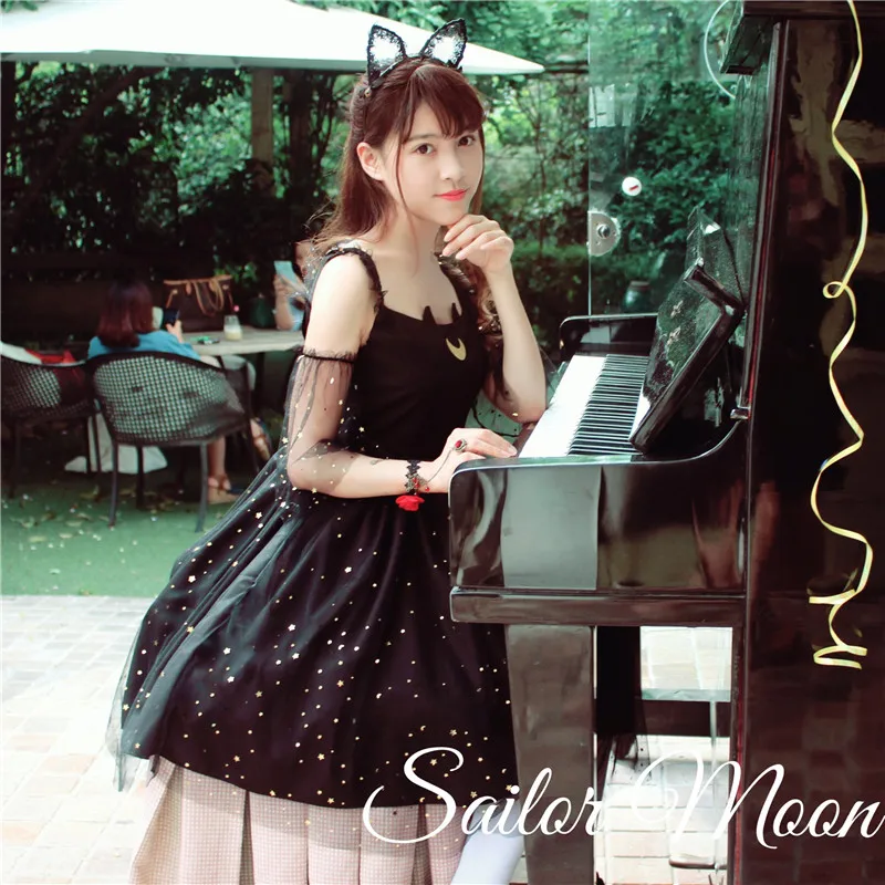 

Free Shipping Sailor Moon Cat Luna Lolita Princess Dresses Cute/Beautiful Girls Summer Gold Star Mesh Dress Black/White Cat