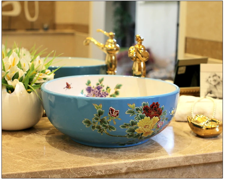 Europe Vintage Style Lavobo Ceramic Washing Basin Counter top Bathroom Sink hand painted vessel sinks Peony painting black (4)