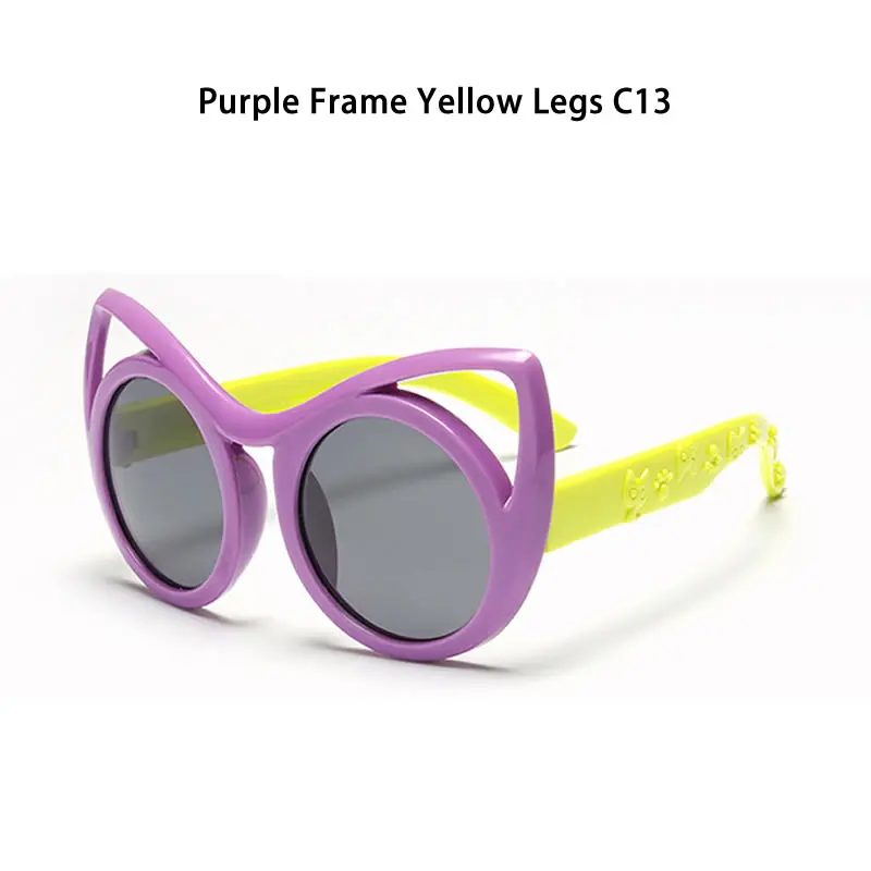 Aliensoce кошачий глаз Детские Солнцезащитные очки для женщин для детей Гибкая силиконовая Детская безопасность поляризационные Очки девочка очки для партии - Цвет линз: PurpleFrameYellowLeg