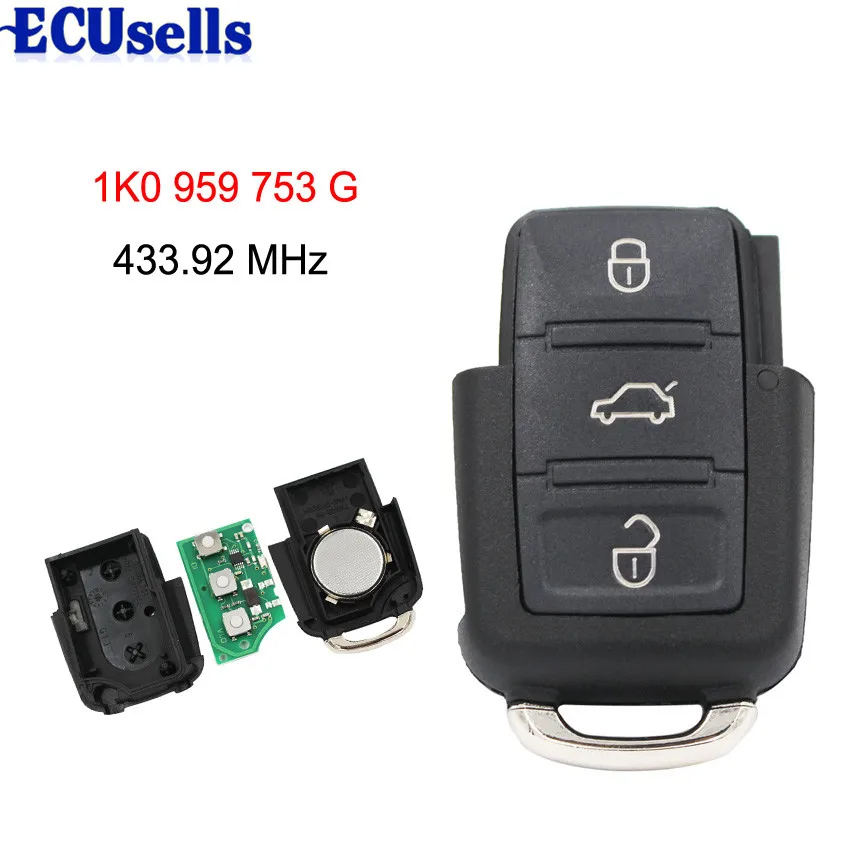 3 Buttons 433MHZ/434MHZ Remote Control for VW Key Part # 1K0 959 753 G ...