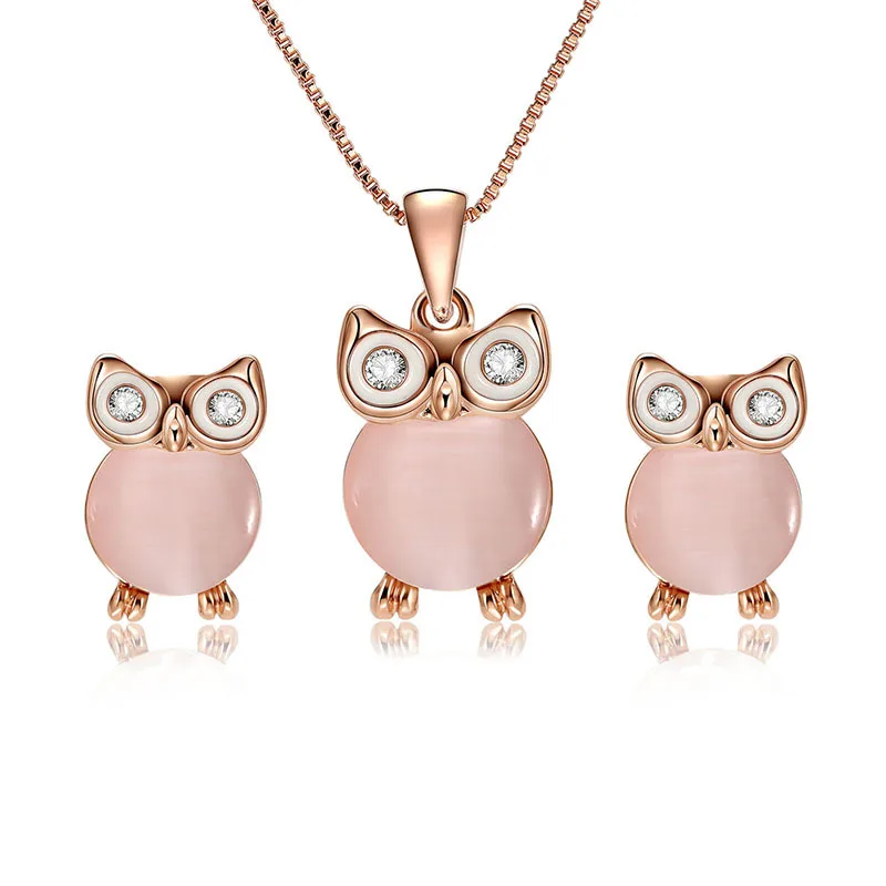 

HC Cute Cartoon Animal Pendant Girl Kid Gifts Jewelry Sets Vintage Pink Opal Owl Earrings Children Birthday Party Set Jewelry T