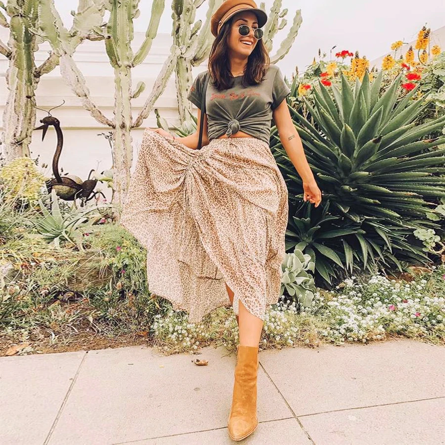 

TEELYNN long boho skirt rayon cheetah print summer skirts Elastic waist beach wear sexy Side shirring women skirts Gypsy falda