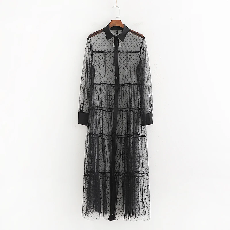 

Dot Printed Loose Mesh Dresses Women Fashion Long Sleeve Dress Women Elegant Mesh Loose Dress Female Ladies DA09
