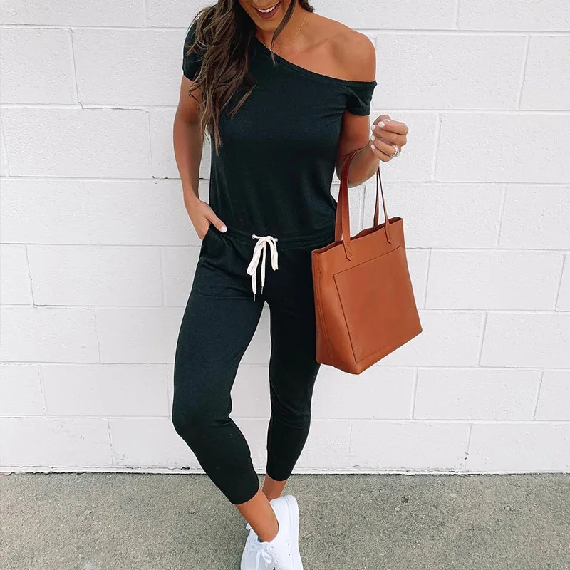 

Women's Off Shoulder Jumpsuit Short Sleeve Overalls Lace Up Black Solid Ankle Length Jumpsuits Women 2019 Summer Casual Romper