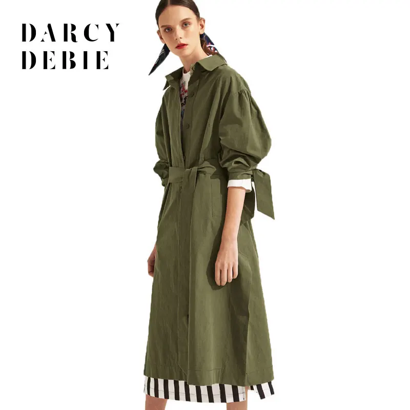 Darcydebie Autumn Women Sweet Turn-down Collar Waist Lace-up single-breasted Side Forking Office Lady Slim Long Trench Coat | Женская
