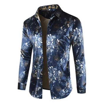 

2019 Spring Autumn Shirts Mens China Turndown Collar 80s Shirt Long Sleeve Fashion Pattern Male soft comfortable Dress Shirts