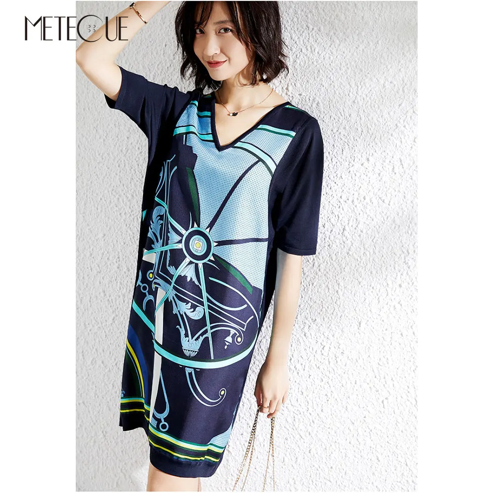 

Silk Knitted Patched Midi Dress 2019 Spring Summer Fashion Short Sleeve V Neck Summer Dresses 2019 Summer