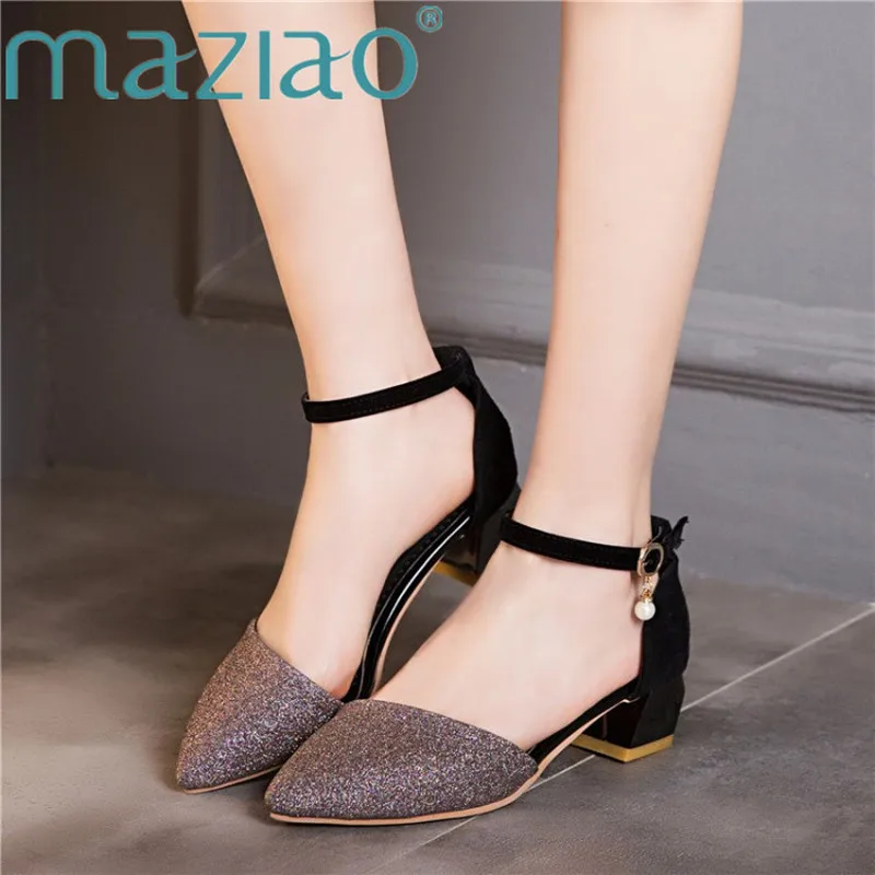 

MAZIAO Summer Bead Buckle Strap Square Heel Sandals Pointed Toe Med Heel Shoes Patchwork Woman Gold Party Dress Female Pumps