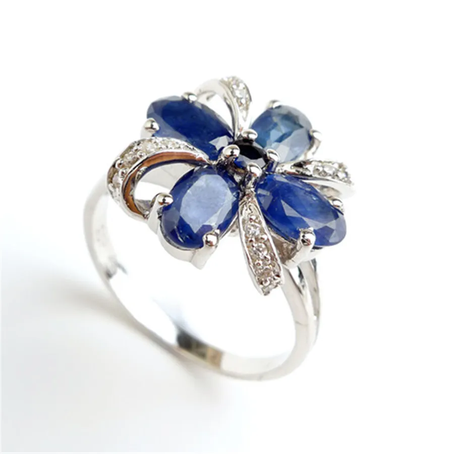 Size 7 Natural Blue Gems Stone Crystal Wedding Rings For Women 925