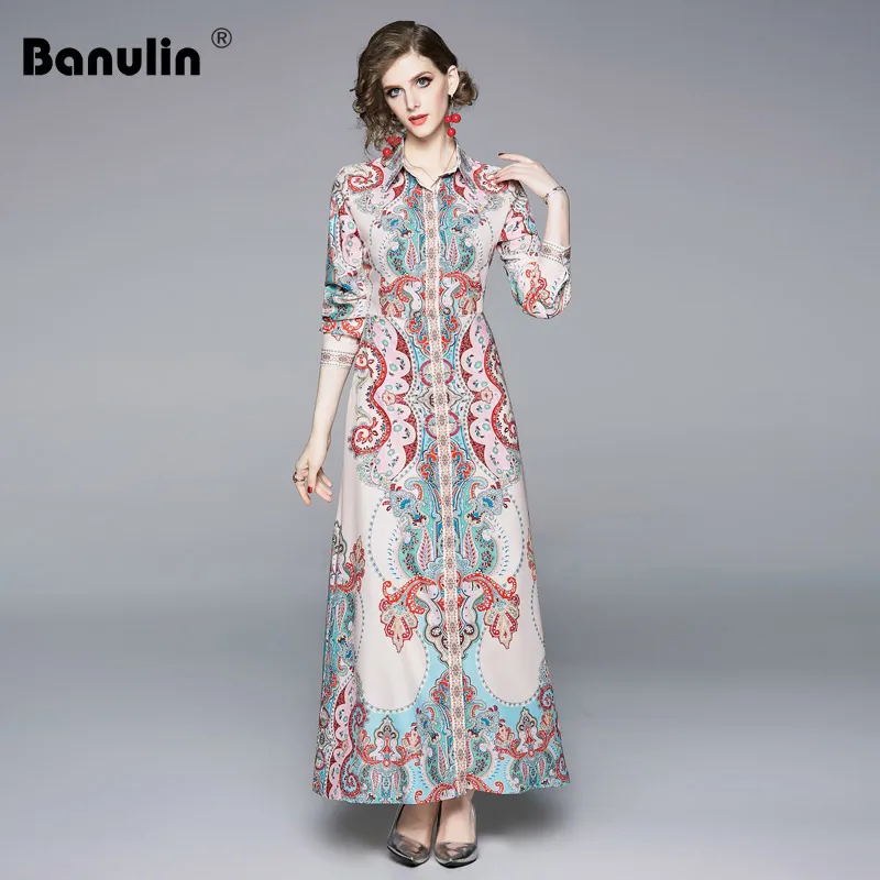 

Banulin Fashion Design Runway Autumn Dresses Women's Long Sleeve Elegant Vacation Holiday Floral Printed Vintage Maxi Long Dress