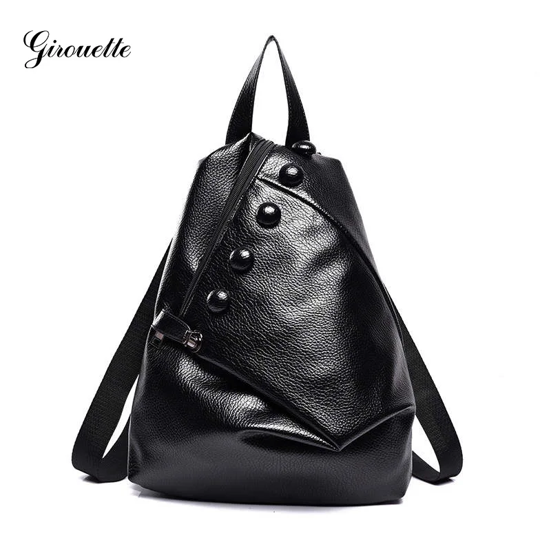 

GIROUETTE Leather Feminine Backpack Buttons Women Backpack 2018 Fashion Backpack Female Simple Backpack For Girl
