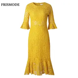 Frismode мода flare рукавом русалка желтый кружева платья robe femme ete 2017 лето dress женщины элегантный офис dress vestidos