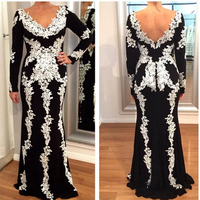 New Arrival Black V-Neck Long Sleeve Evening Dresses 2017 With White Appliques Dubai Arabic Formal Gowns | Свадьбы и торжества