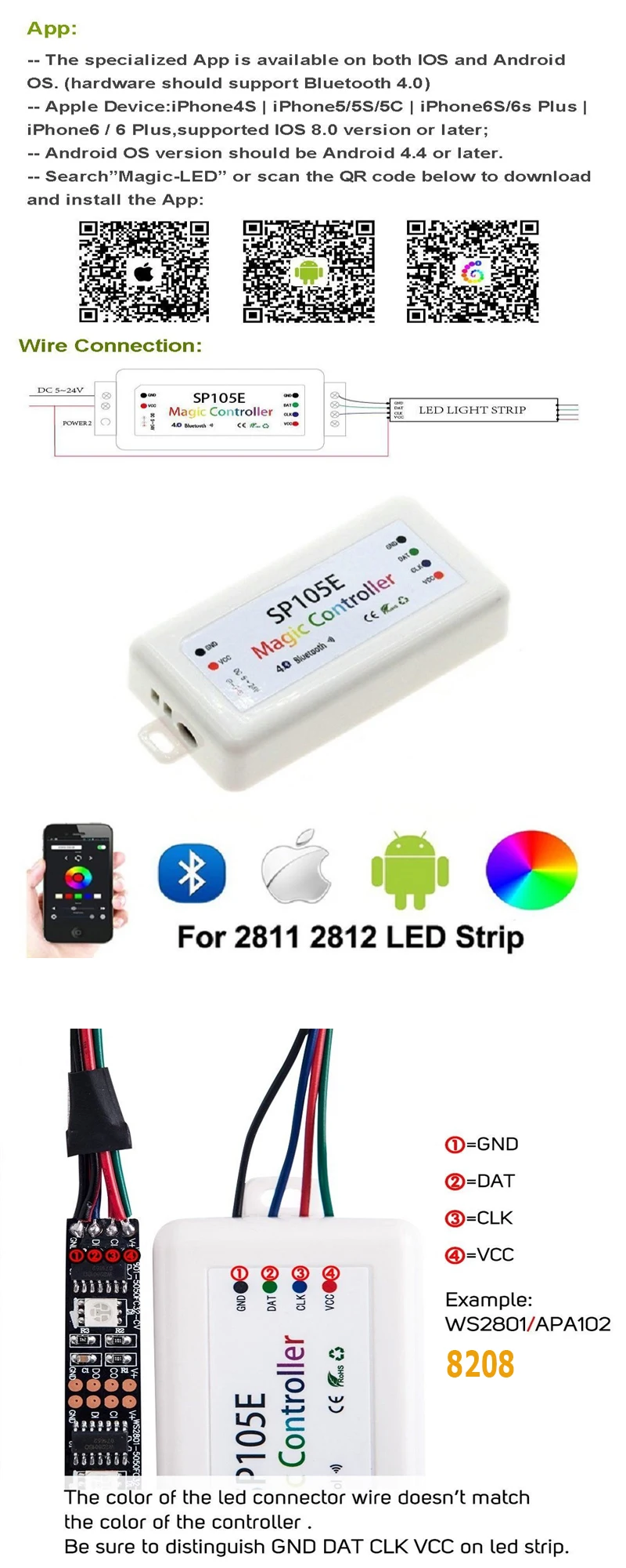 12 В 8208 IC 5050 1 м 144 светодиодный RGB светодиодный полосы света Адресный + SP105E + светодиодный мощность нового