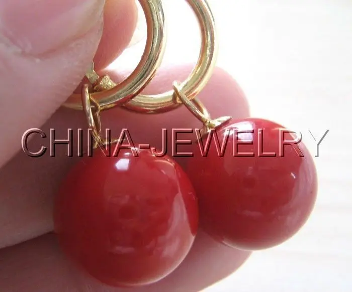 

Women Gift word Love women Fashion Jewelry Hot sale Free Shipping>>>>>>>>Beautiful AAA 14mm perfect round red coral earring -14k