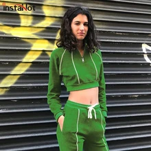 InstaHot Green Zip Front Striped Slim Swearshirt And Drawstring Waist Set Crop Top Autumn Casual Sporting Women Two Piece Sets drawstring front ruffle bardot top