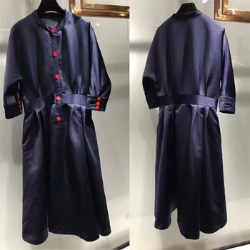 

100% silk maxi dresses women,long sleeve summer dress,amazing office dress elegant vestidos,contrast color buttons casual dress