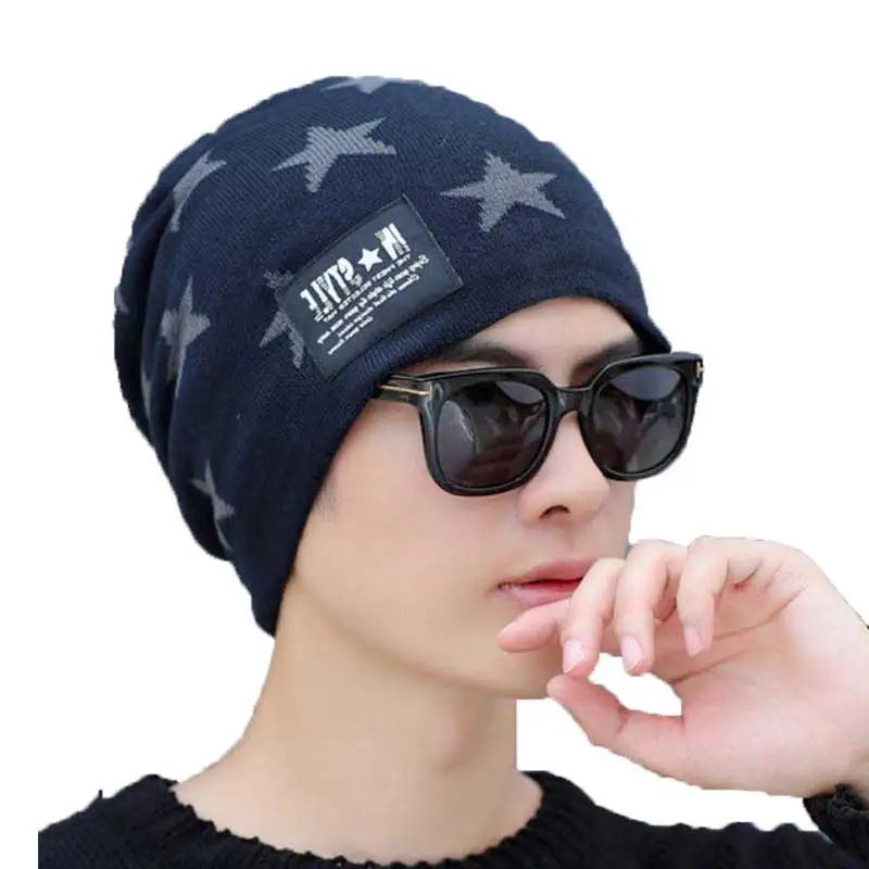 

Winter Hat For Women Men Warm Wool Beanie Slouch Hat 2018 Star Print Knitted Ribbed Plus Velvet Male Icon Cap Bonnet Skullies
