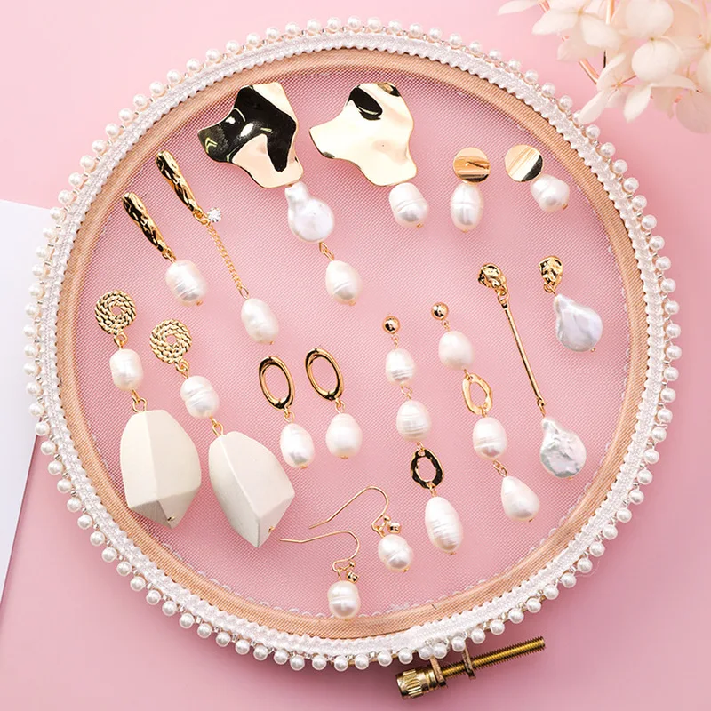 

2018 Korean Women Cute Earring Prevent Allergy Retro Geometry Metal Imitation Pearl Asymmetry Drop Earrings for Girl Accessories