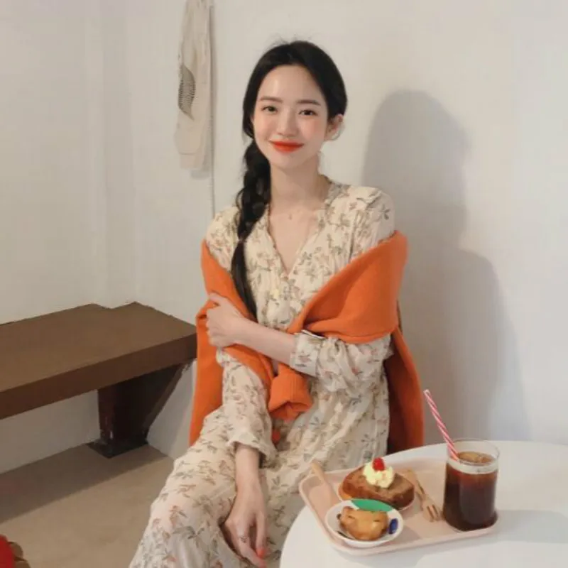 

Korean Women Spring V Neck Floral Long Dress Long Sleeve A-line Ruffle Vestidos Plus Size Elegant Robe Femme Sukienki Ropa Mujer