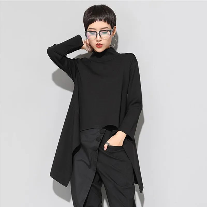 

Women clothes 2019 black vintage plus size irregular long sleeve tshirt spring autumn stand collar casual korean tee shirt tops