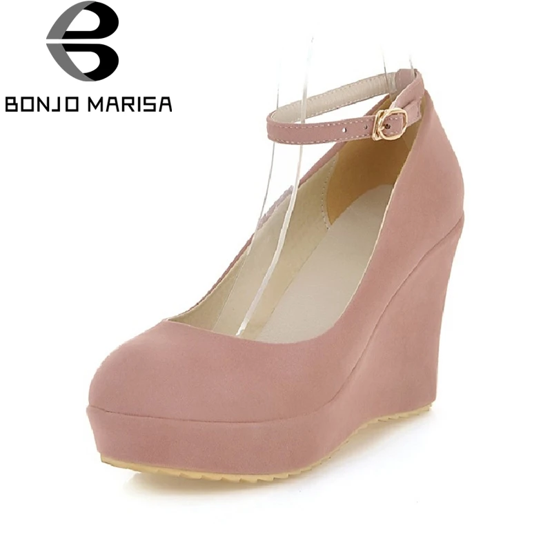 

BONJOMARISA 2017 Spring And Autumn Sweet Solid Round Toe Ankle Strap Pumps Platform Super High Wedges Women Shoes Big Size 33-43