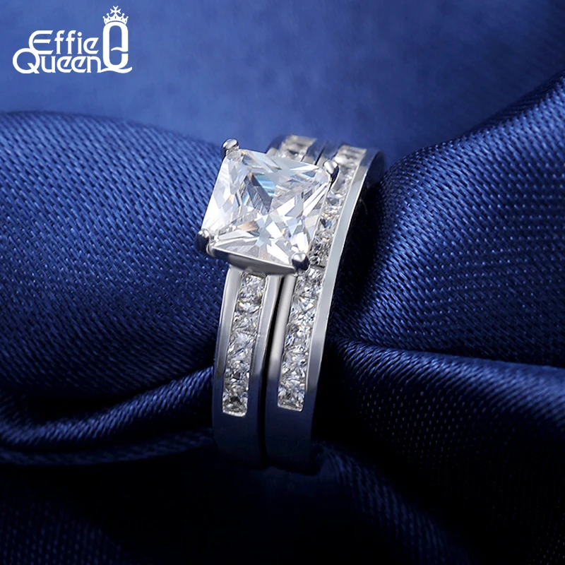 Effie Queen 2 Piece/Set Wedding Bands Finger Ring 0.8 ct Princess Cut Cubic Zircon Women Ring Set 3 Wearing Design Fashion DR28