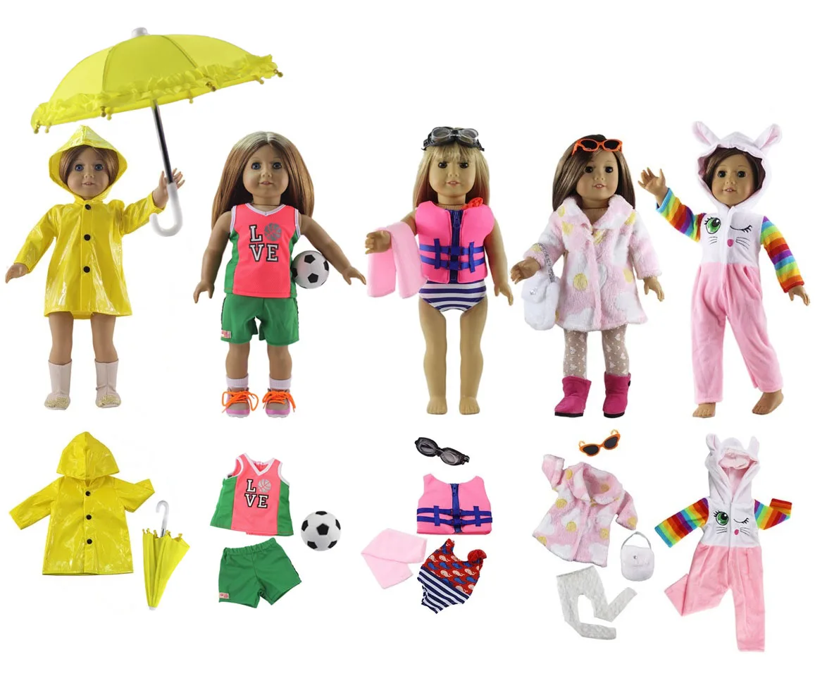 Новые 5 шт/упаковка, Набор кукольной одежды + 2 пары очки + 1 + 1 зонтик + 1 Футбол + 1 полотенце для 18 дюймов американская Кукла наряд
