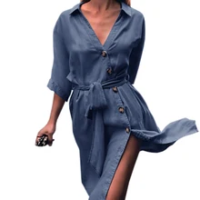 Повседневное джинсовое платье-рубашка осеннее женское английское тонкое платье с отложным воротником женское сексуальное платье-рубашка с поясом размера плюс GV715