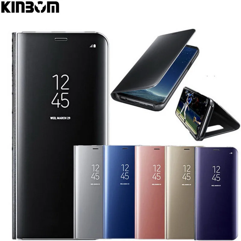 

KINBOM For Iphone 6 6splus 7 8plus X Mirror Flip Stand Case Clear View Window Smart Holder Cases Leather Cover Mobile Phone Bag