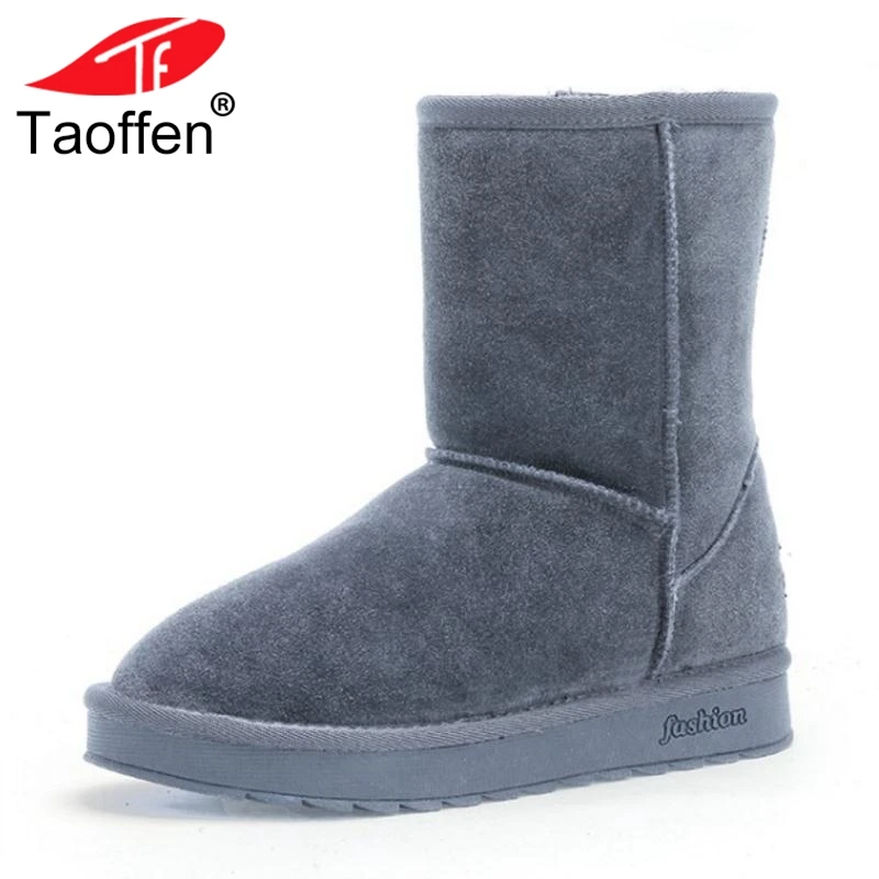 

TAOFFEN New Snow Boots Women Winter Shoes Real Leather Flats Boots Thick Fur Mid Calf Boots Daily Woman Shoes Size 35-40