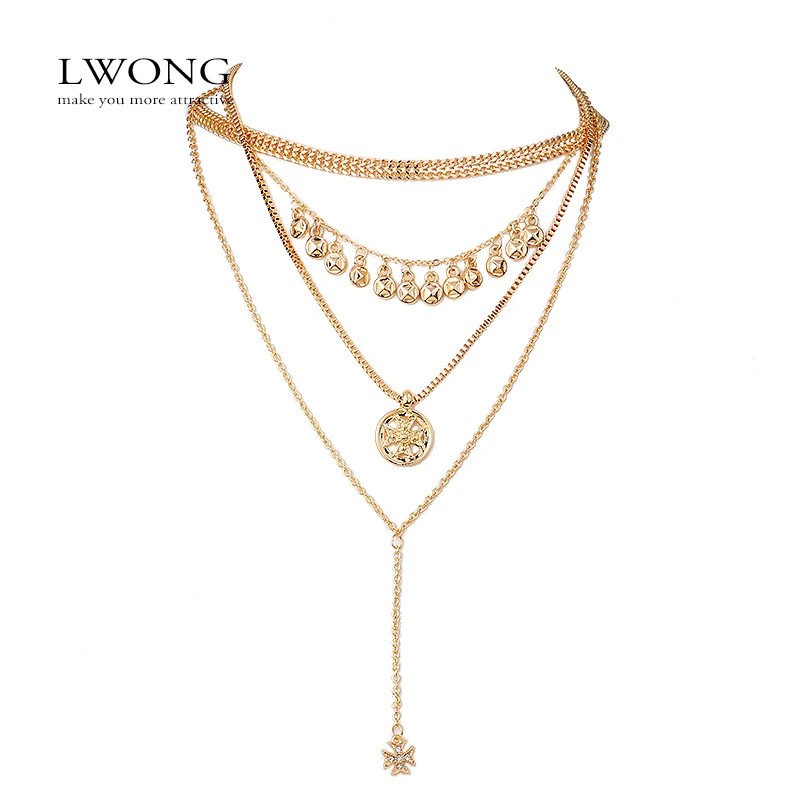 

LWONG Fashion Gold Color Multi Layered Chain Choker Necklace Female Hanging Coin Charms Chokers Cross Pendant Necklaces Bohemia