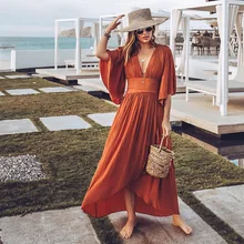 Sexy Deep V Neck Irregular Women Dress Solid Color Flare Half Sleeve High Waist Hollow Backless Maxi Dress Elegant Party Dress fashionable v neck zig zag color block half sleeve dress for women