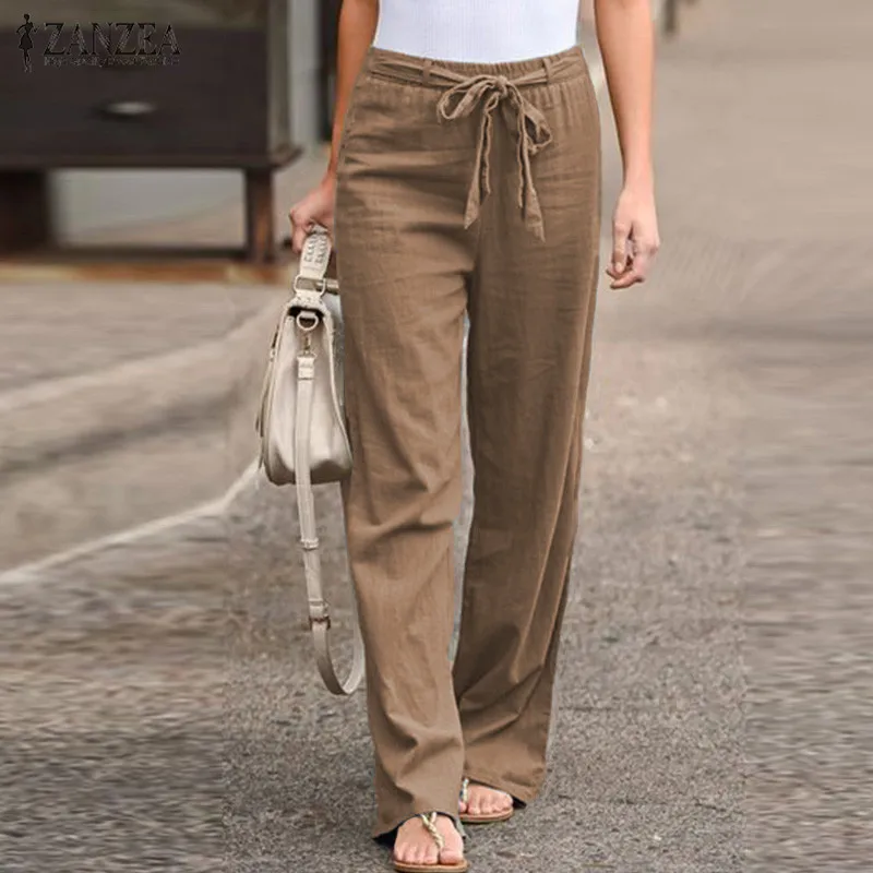 

2019 ZANZEA Women Causal Cotton Linen Pants Solid Straight Trousers Elastic Waist Turnip Long Pantalones Mujer Palazzo Plus Size