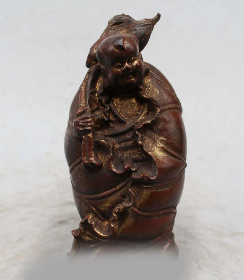 

7" Chinese Buddhism Wood Happy Laugh Maitreya Buddha lotus flower Statue