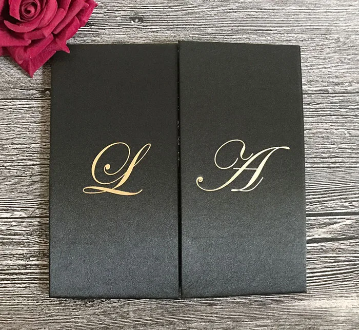 Luxury Black silk folio wedding invitation with gold foil printing - 32828221406