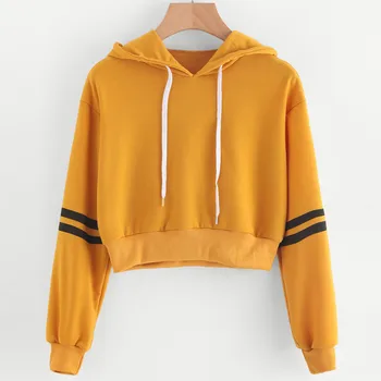 

Women Varsity-Striped Drawstring Crop Hoodie Sweatshirt Jumper Crop Pullover Top Patchwork Daily Hooded Invierno Mujer