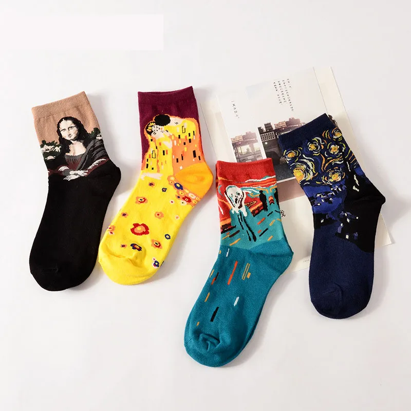 

2019 Novelty Retro Lovers Socks Women Men Painting Mona Lisa Artistic Funny Fashion Starry Night Comfortable Breathable Socks