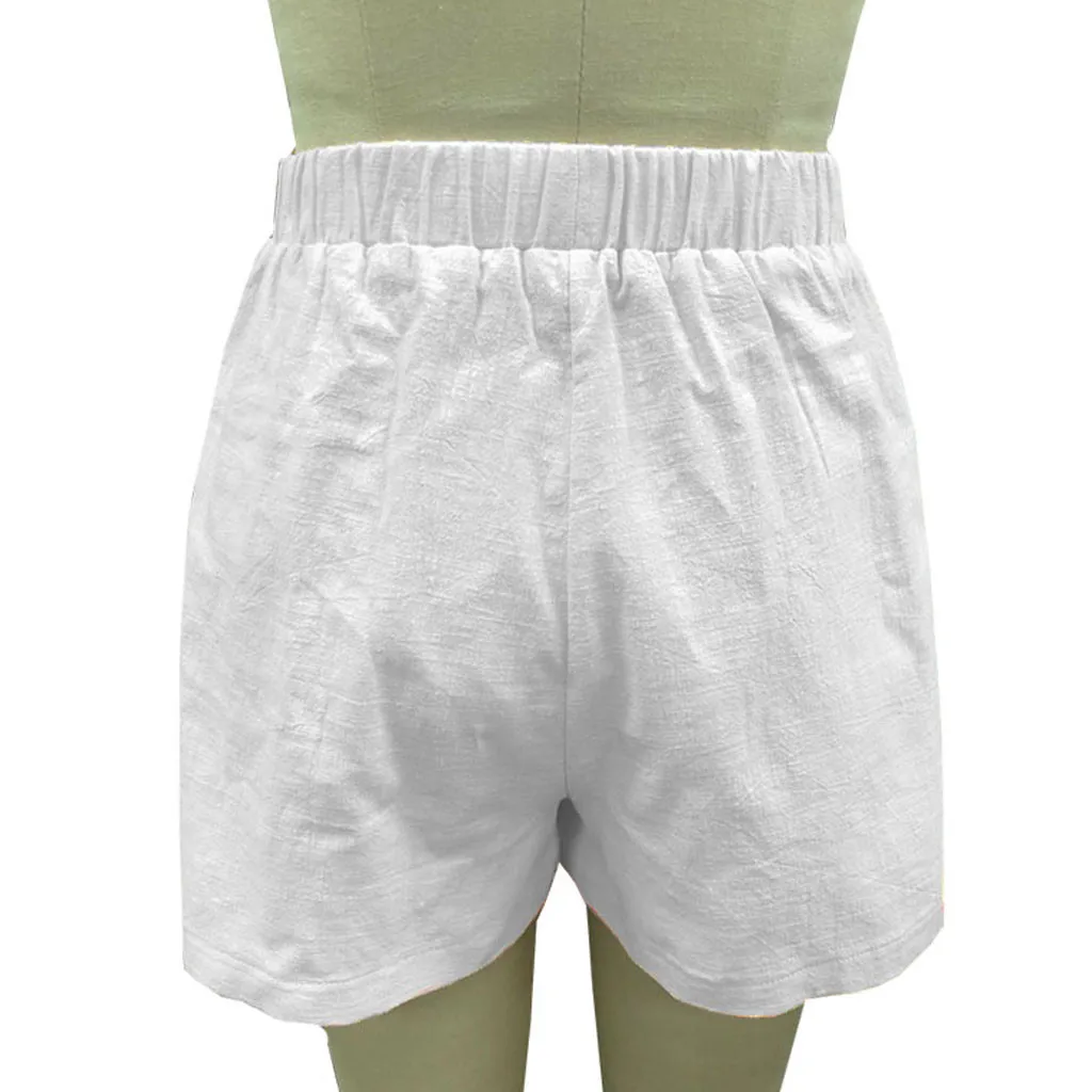 Женские летние шорты размера плюс с высокой талией, одноцветные Свободные повседневные дышащие шорты из хлопка и льна, женские спортивные шорты размера d#612