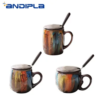 

350cc Creative Vintage Hand Painted Coffee Mug with Saucer Spoon Ceramic Coffee Cup Breakfast Milk Mug Home Drinkware Craft Gift