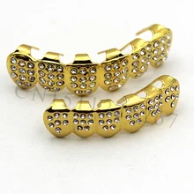 ICED OUT CZ Chapado En oro GRILLZ Dientes Diente Inferior Superior Tapas Hip Hop Bling de NUEVO con El modo de Diamantes Simulados