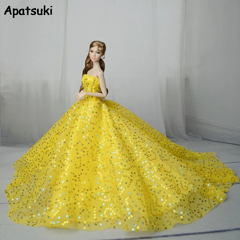 

Yellow Handmade Wedding Dress For Barbie Doll Outfits Princess Evening Party Ball Long Gown Skirt Bridal Dress 1/6 Kids Toy