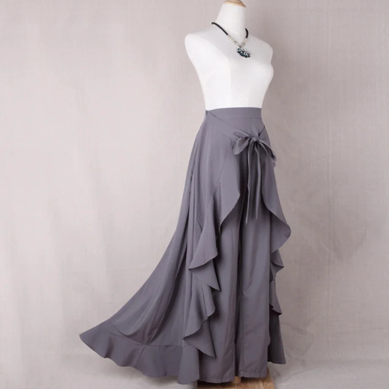 Wrap Skirts Women Casual Fashion Chiffon Tie-Waist Ruffle Wide Leg Loose Pants Skirts