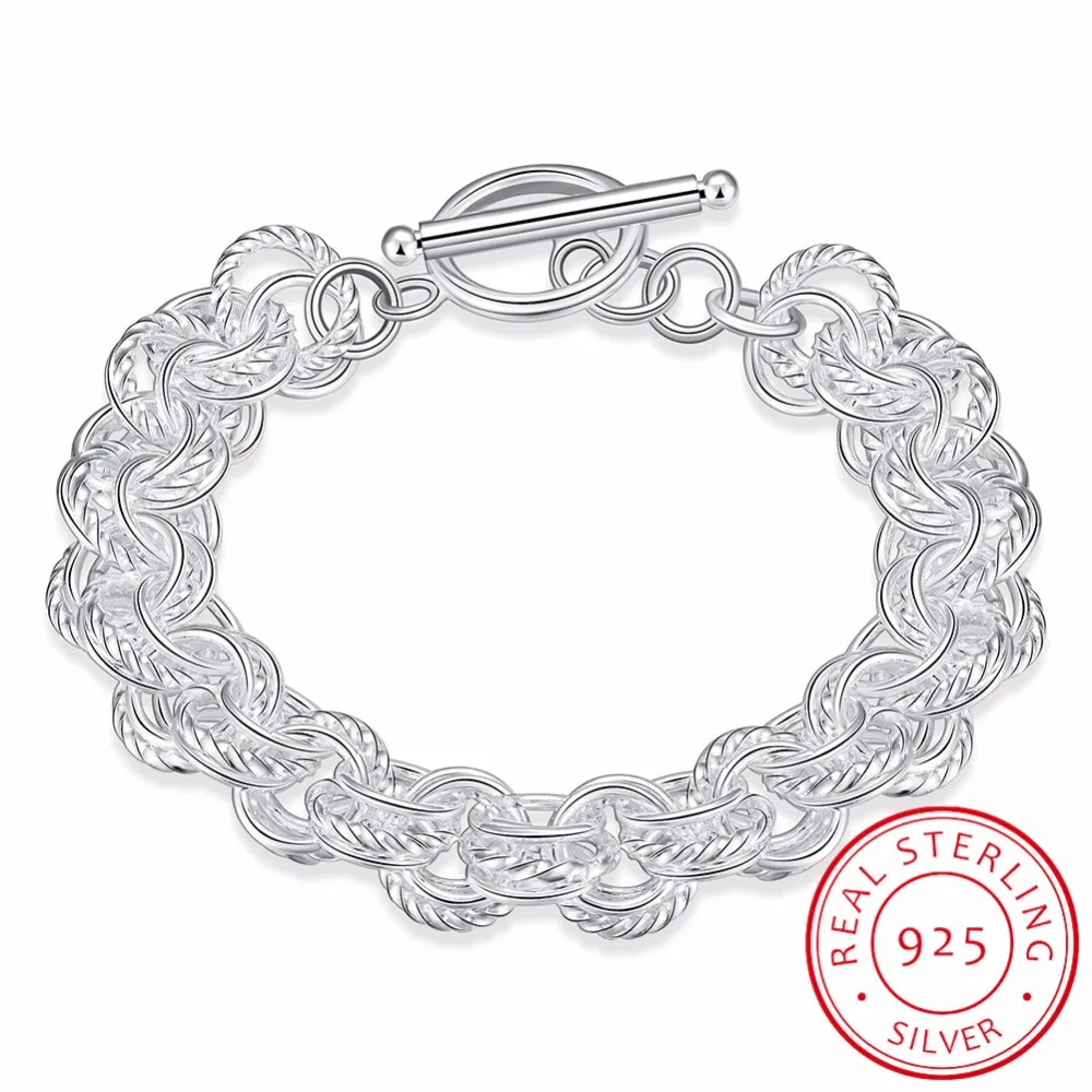 

LEKANI 925 Sterling Silver Circles Bracelet & Bangles for Woman Rhinestones Paved Double Layer Round Female Bracelets