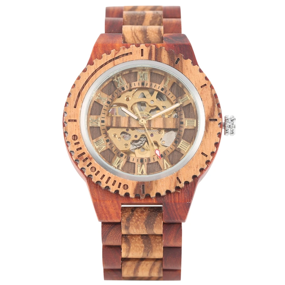 Retro Wood Watch Royal Gold Roman Literal Mechanical Watches Men's Top Luxury Wooden Bangle Watch montre homme automatique reloj - Цвет: Red Wood