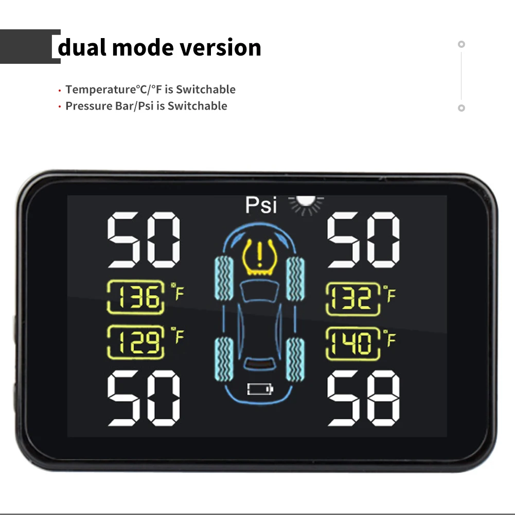 Система контроля давления в шинах для автомобиля TPMS, автоматическая зарядка на солнечной батарее, блок регулируемого температурного давления с 4 датчиками
